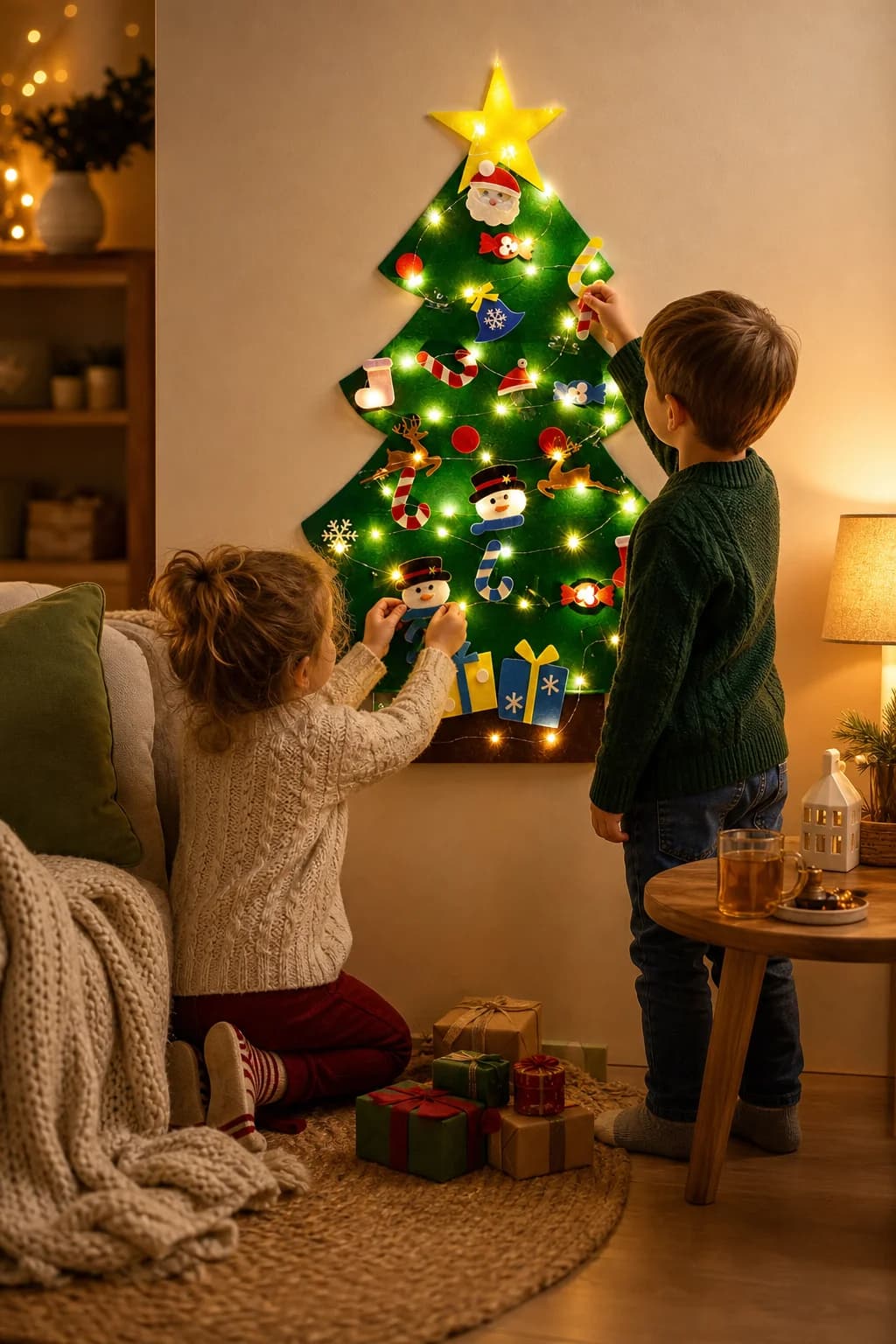 Children decorating the DIY Felt Christmas Tree with colourful ornaments