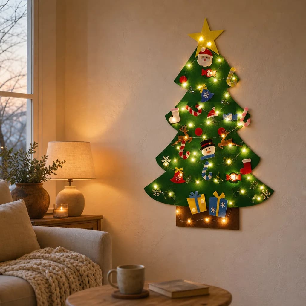Felt Christmas tree with ornaments and warm lights on a living room wall