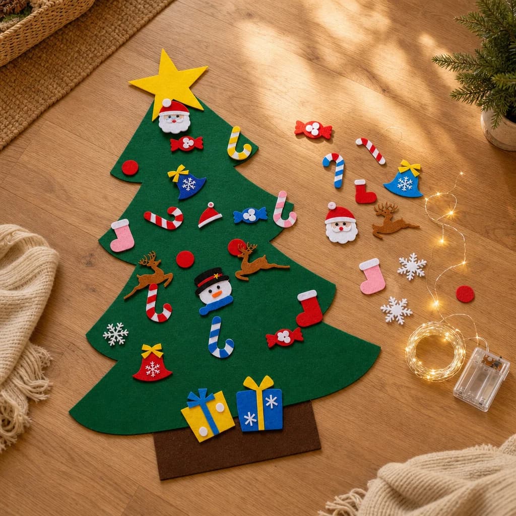 Felt tree lying flat on a wooden floor with ornaments around it