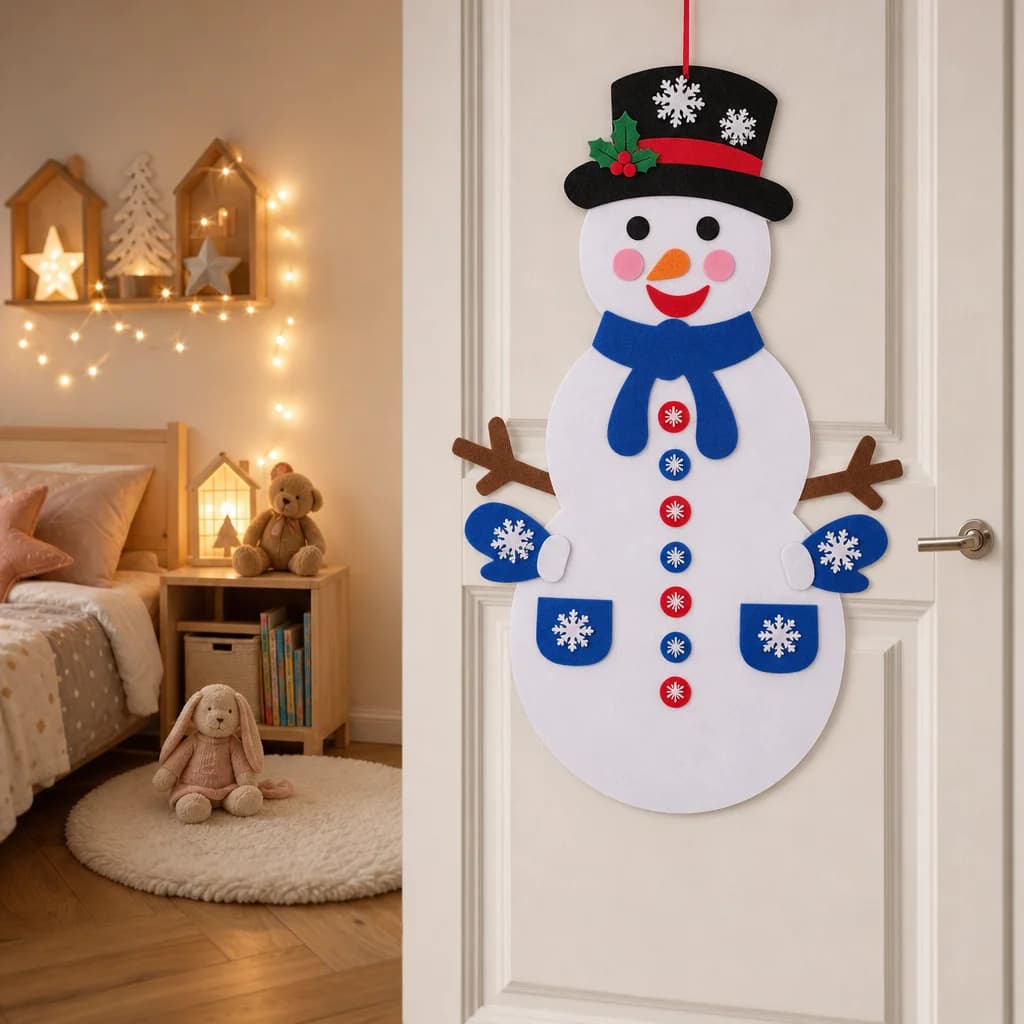 Felt snowman hanging on a child’s bedroom door